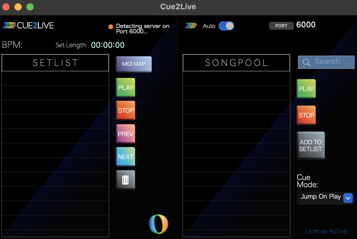 Cue2Live Main Screen